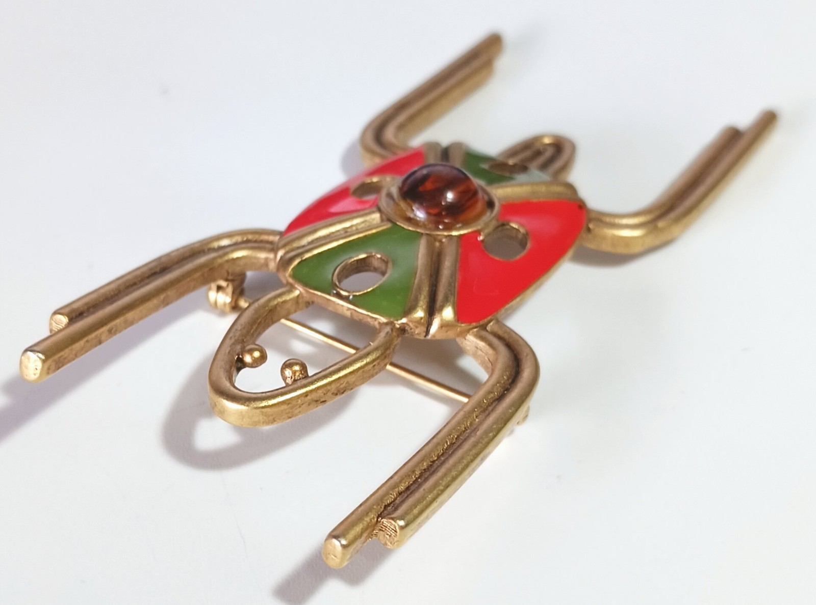Vintage Gold-tone Insect Bug Brooch w/ Enamel Body & Translucent Cabochon