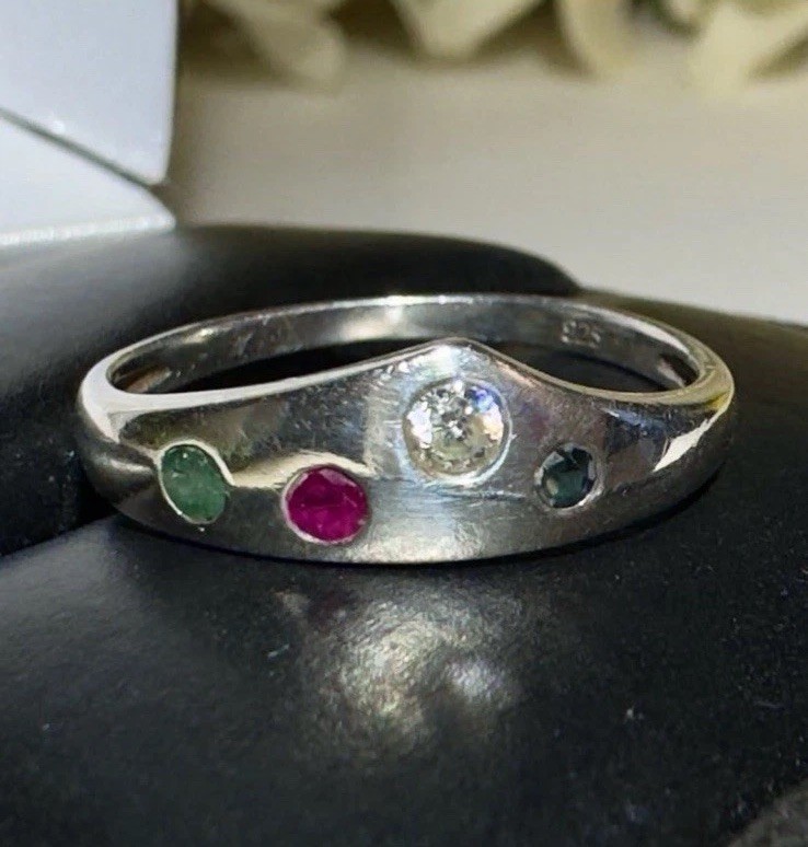 Vintage Custom Made Sapphire Emerald Ruby Sterling Silver Band Ring