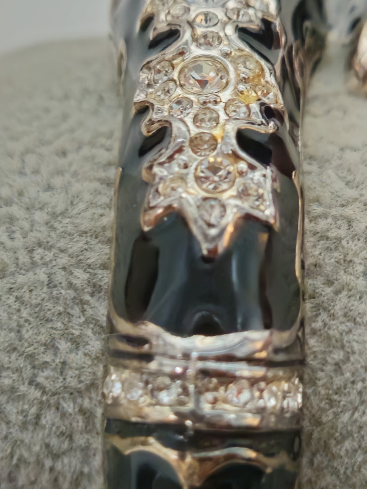 Estate Vintage Silver Finish Snake Clamper Bracelet With Black Enamel