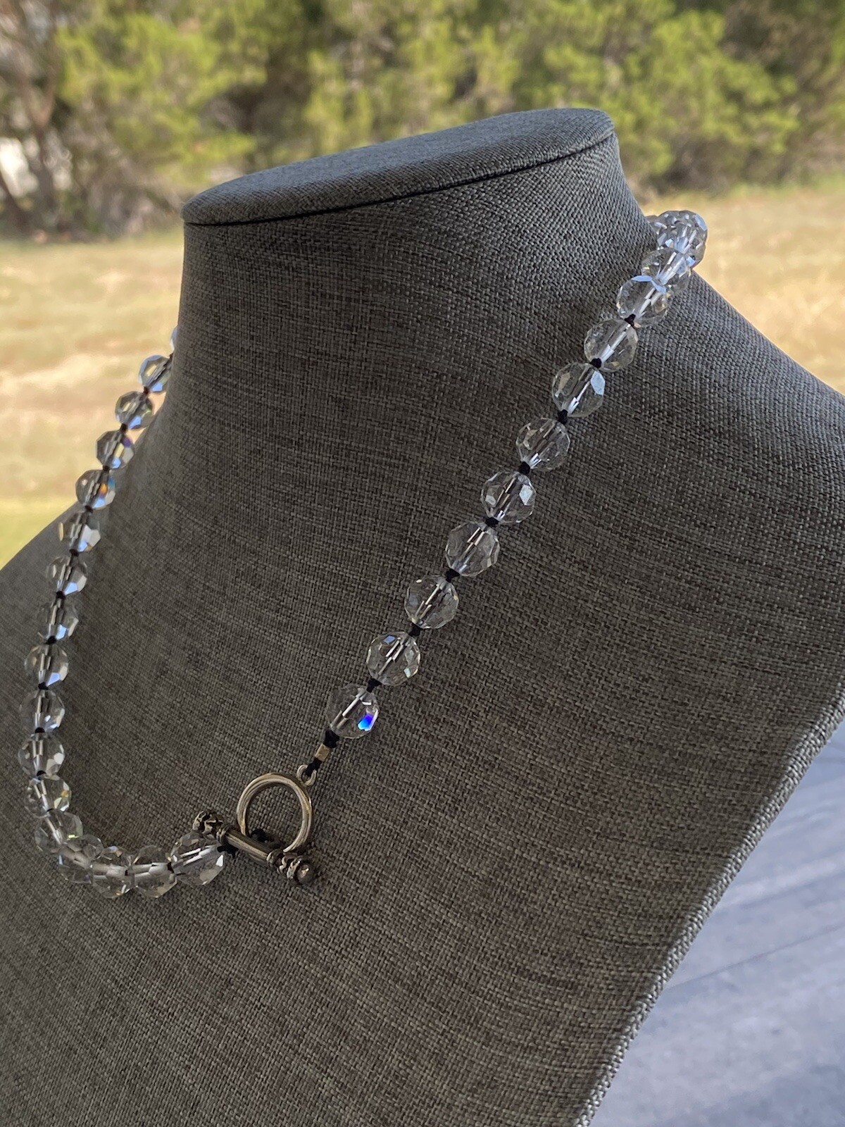 Necklace Faceted Crystal Glass Beads Clear Black Thread Knotted Artisan 21”