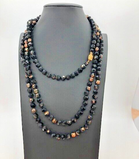 Czech Glass Fire Polished Faceted Jet Black Glass Bead Opera Length Necklace
