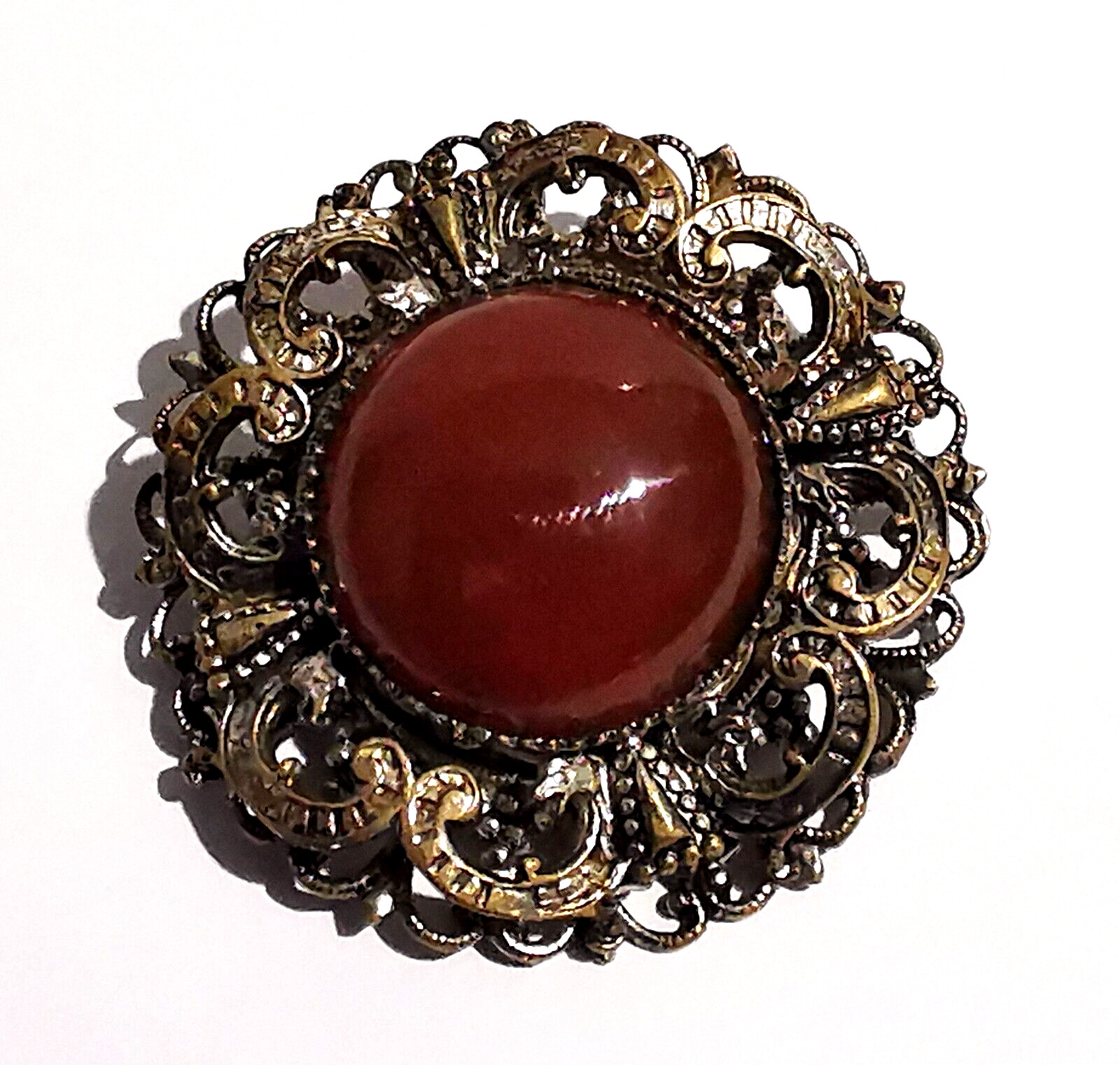 Vintage Czech Brown Glass Brooch Pin Silvered Brass Ornaments Dragon Handmade