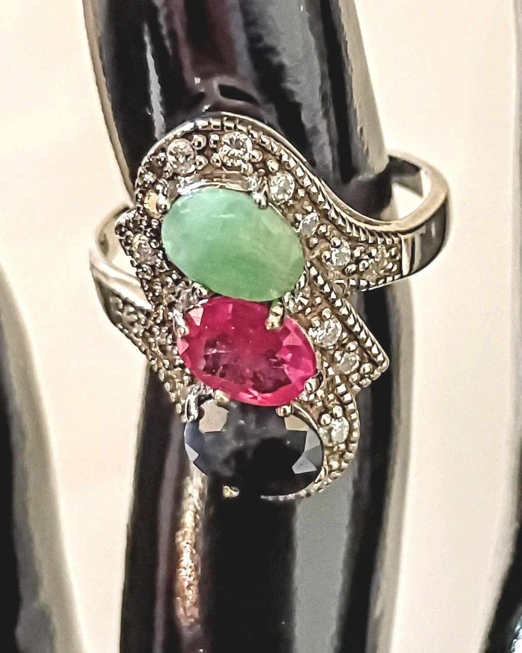Vintage Natural Emerald Ruby Sapphire CZ Estate Statement Swirl Ring 8.5