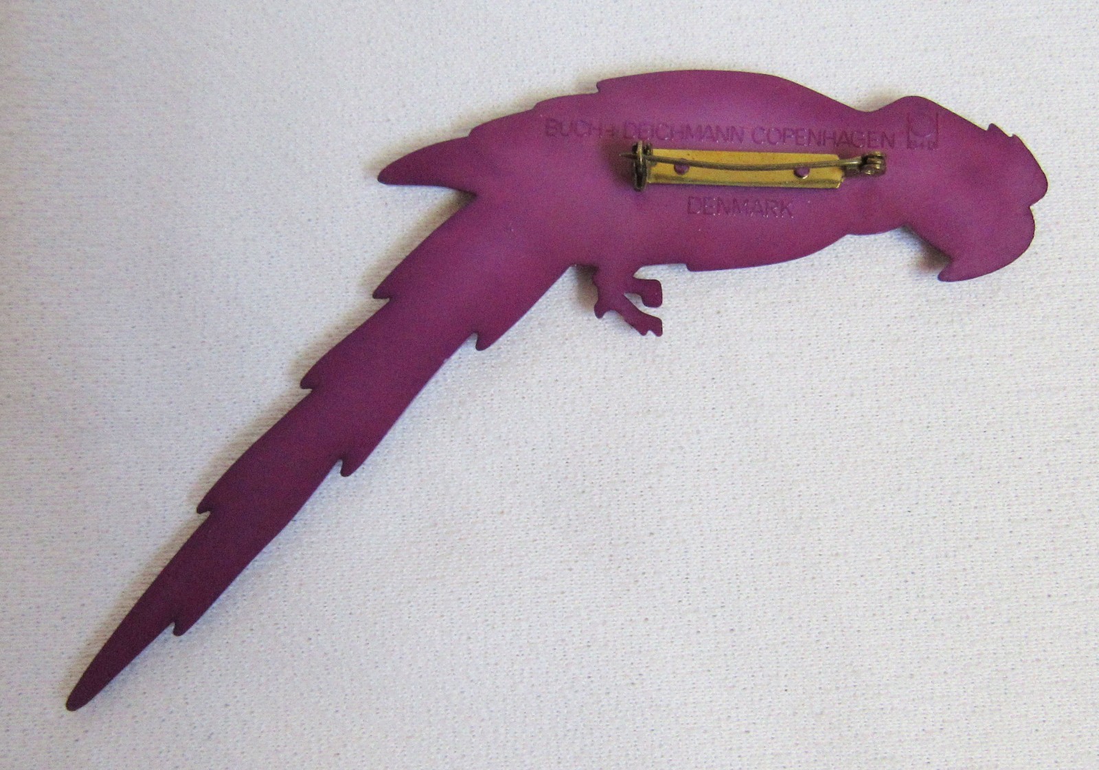 Buch & Deichmann Parrot Danish Copenhagen Denmark Purple Plastic Pin Brooch