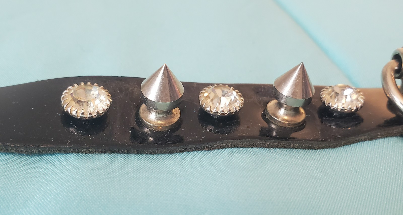 Vintage Black Patent Leather Spike Rhinestone O-Ring Choker Goth Punk