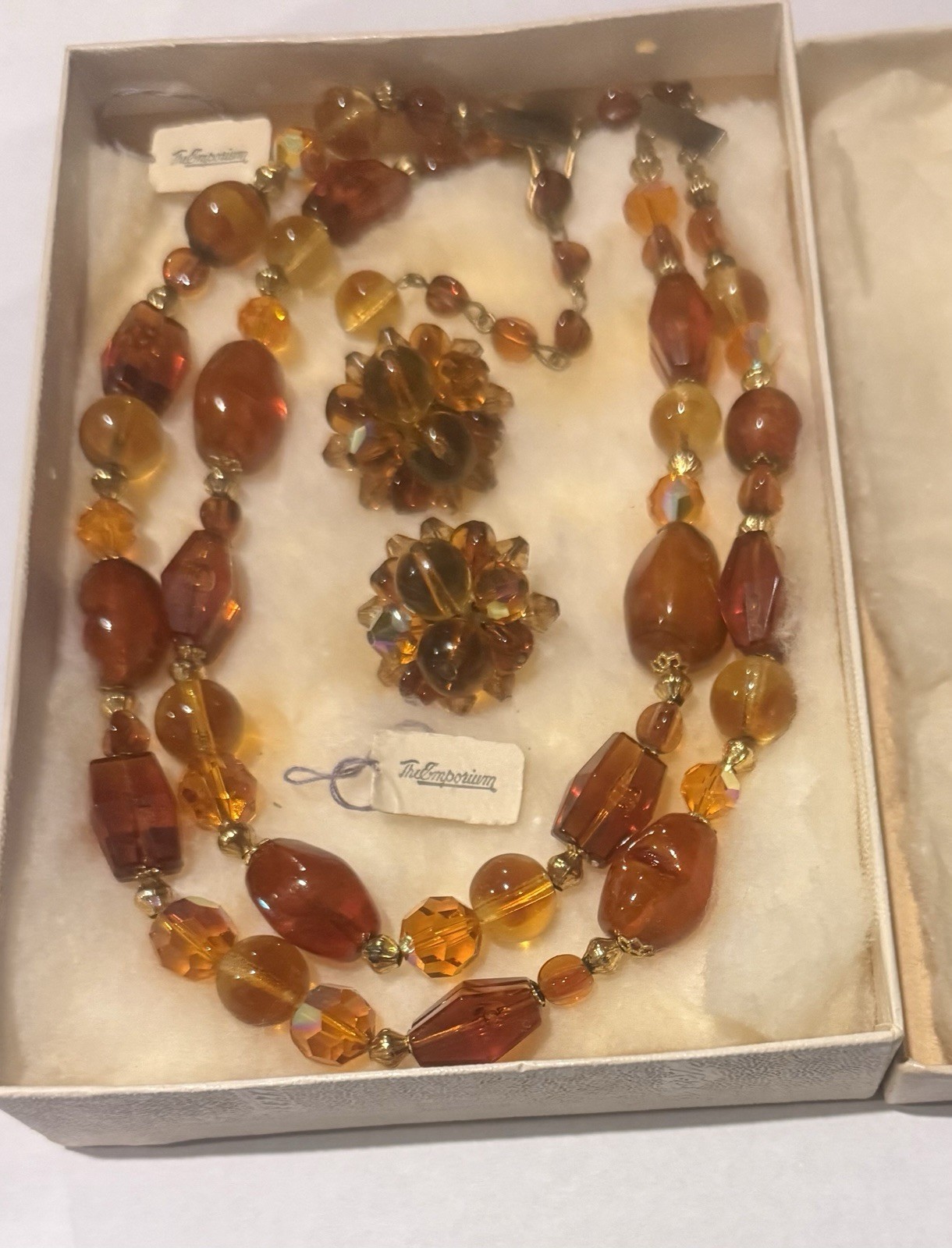 Stunning 1960s The Emporium Multi-Strand Amber Bead Statement Necklace & Earring