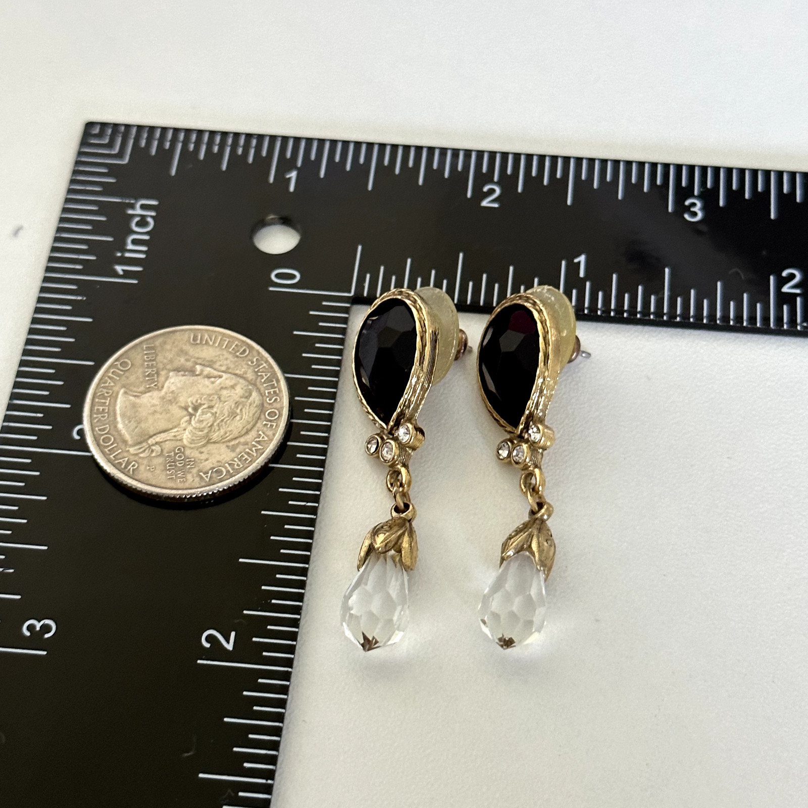 Vintage Clear Faceted Crystal Black Acrylic Stone Gold Tone Dangle Earrings