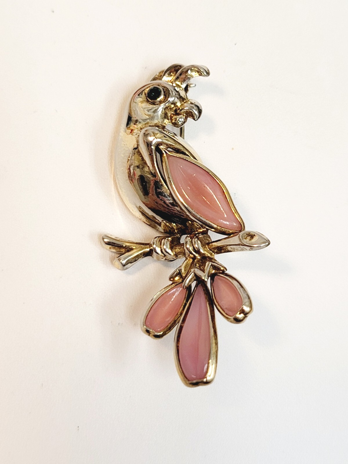 Vintage Trifari Pink Glass Petalette Parrot Brooch Green Rhinestone Eye