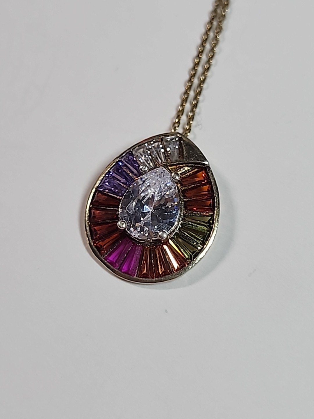 Rainbow Cluster Stones Teardrop Pendant Gold Over .925 Silver 17.5″ Necklace