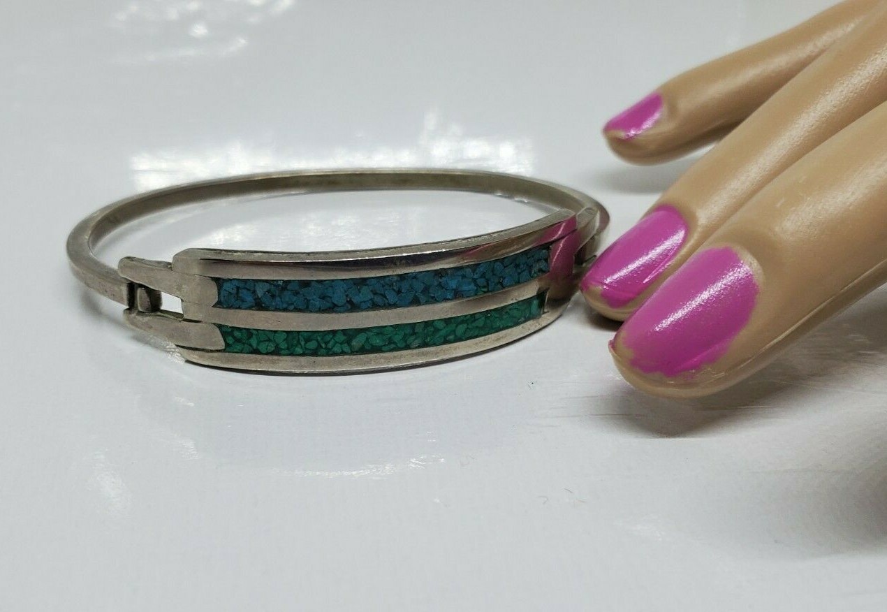 Turquoise Chip Inlay Bracelet Silver Tone Blue Green Side Opening