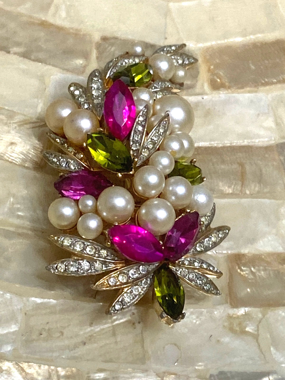 Vintage Brooch Pin, R. Mandle, Faux Pearls, Dark pink & green rhinestones