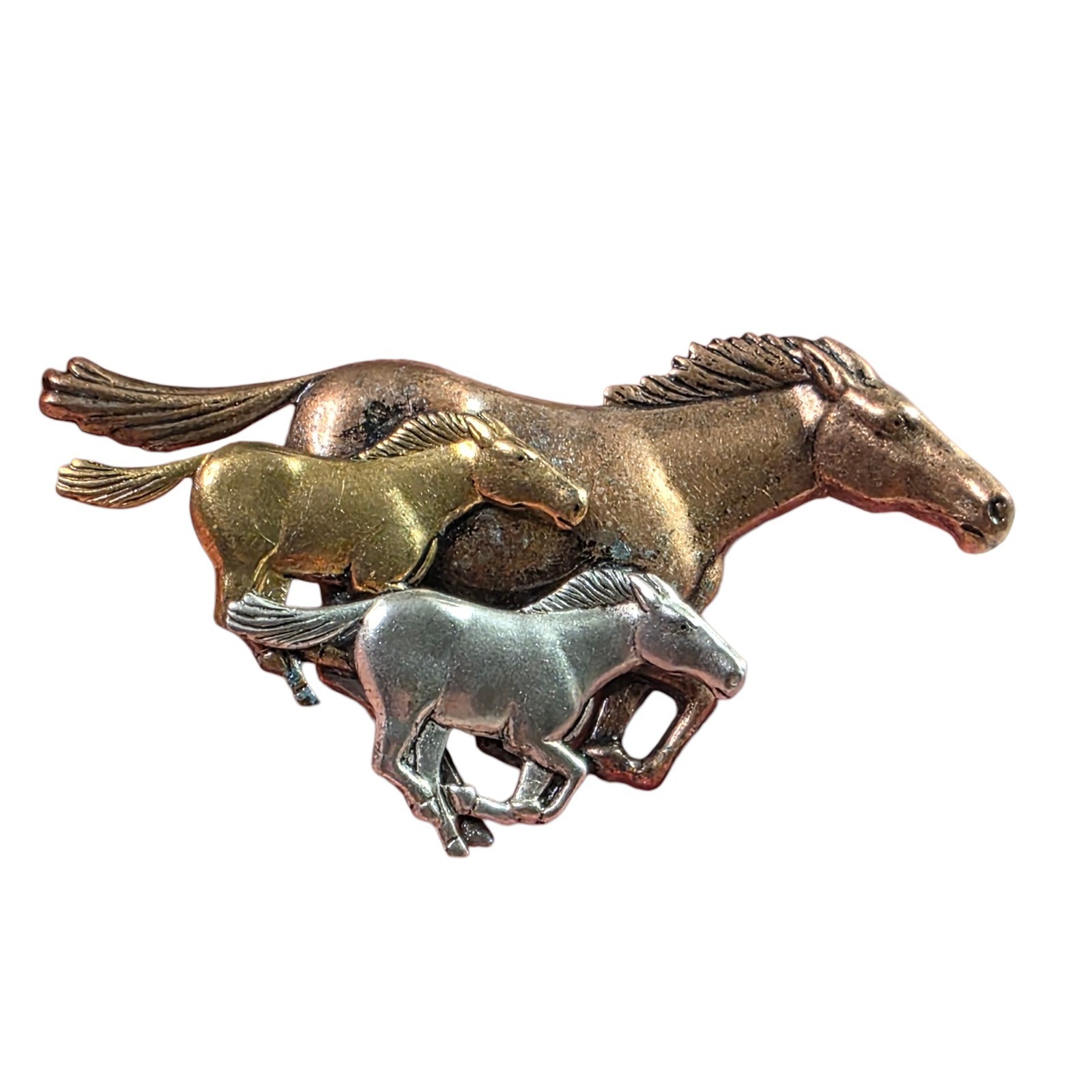 Vintage Tri Metal Running Horses Brooch Pin Equestrian Boho Southwestern