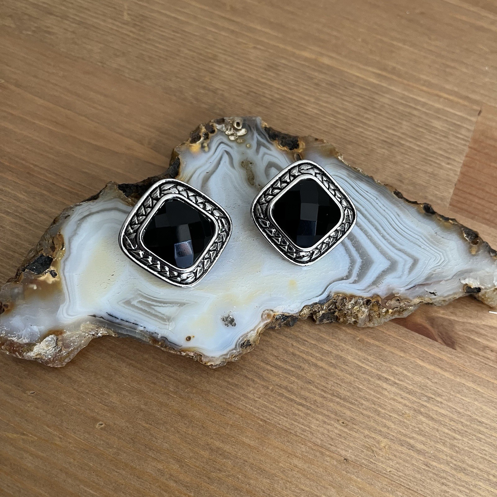 Vintage Style Black Faceted Square Earrings with Silver-Tone Frame Clip-ons