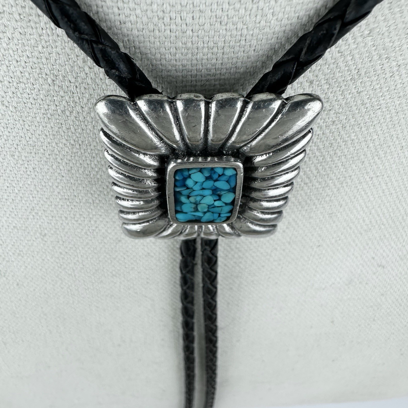 Vintage Silver Pewter Turquoise Chip Inlay Western Bolo Tie Nickel Silver Tips
