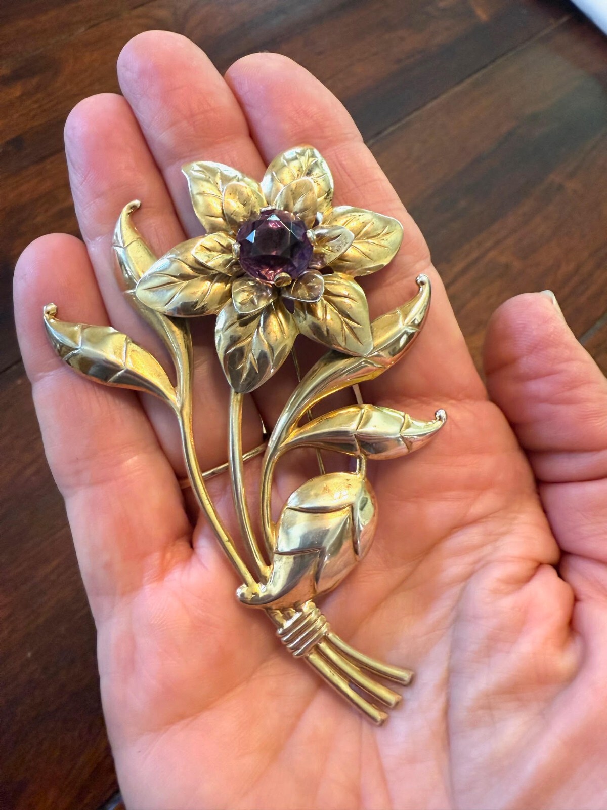Vintage Sterling Silver Gold Tone Flower w/purple center jewel, 4”x3.5”