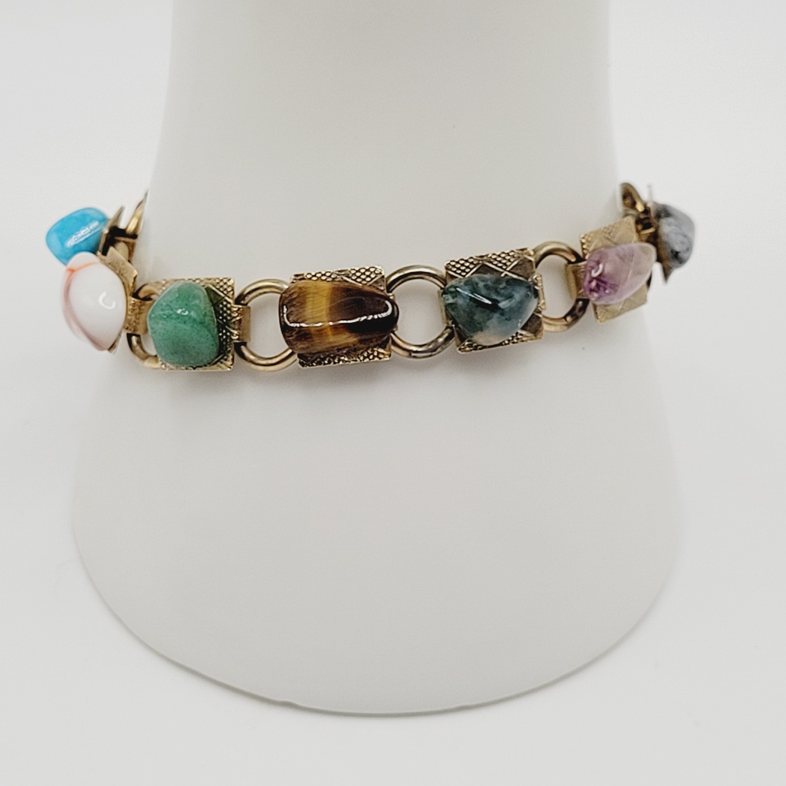 Souvenir Louisiana Natures Worldwide Polished Gemstones Gold Tone Vtg Bracelet