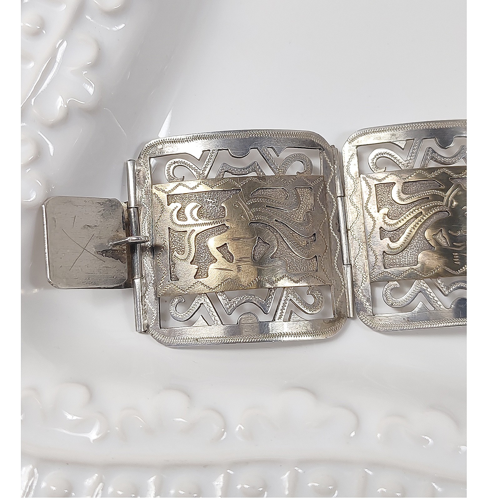 Vintage 60s Guatemala Bracelet 900 Silver Gold Wash Mayan Storyteller Signed 39g