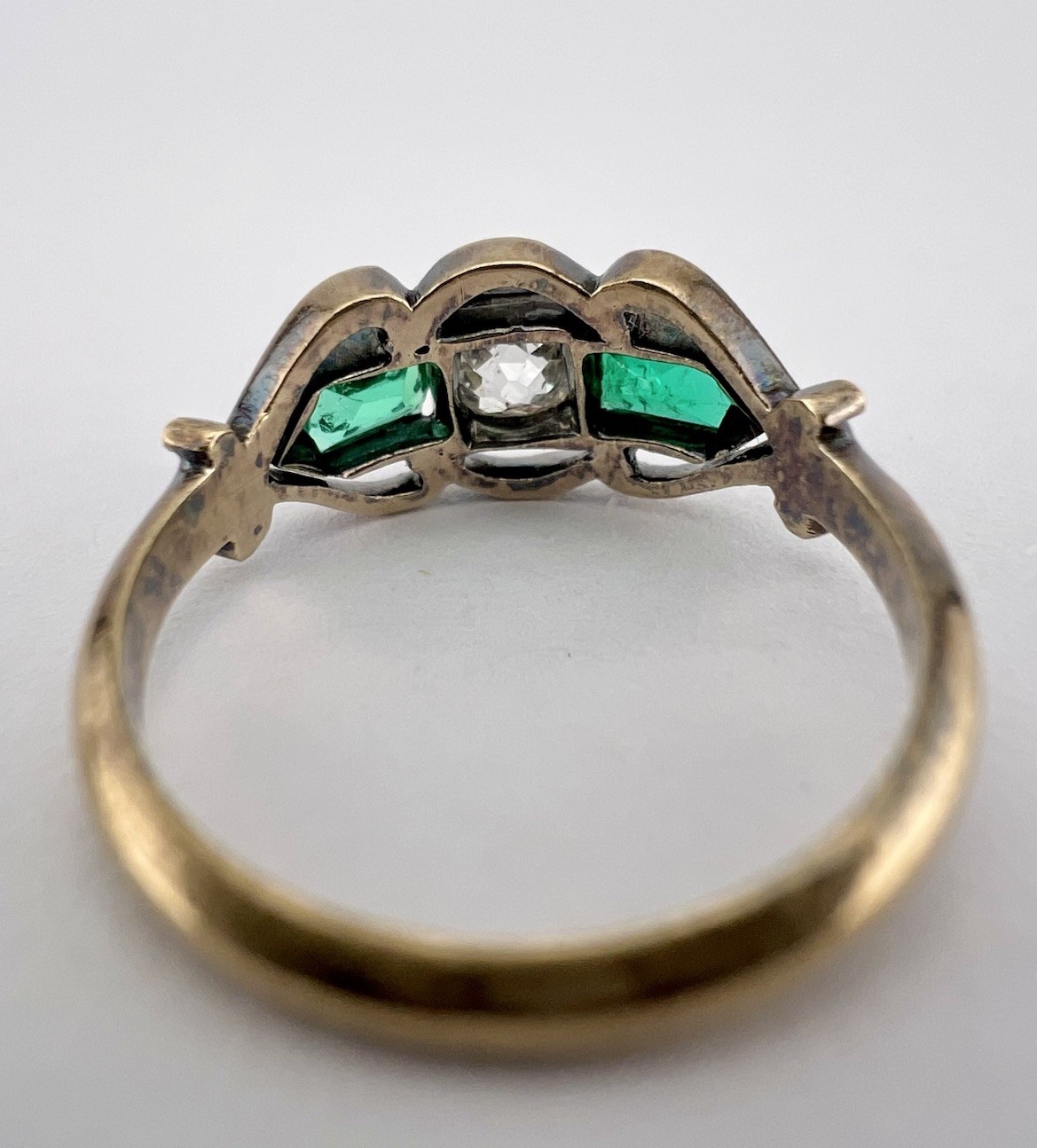 Antique Victorian 14K Rose Gold Old Mine Cut Diamond & Vivid Green Emerald Ring