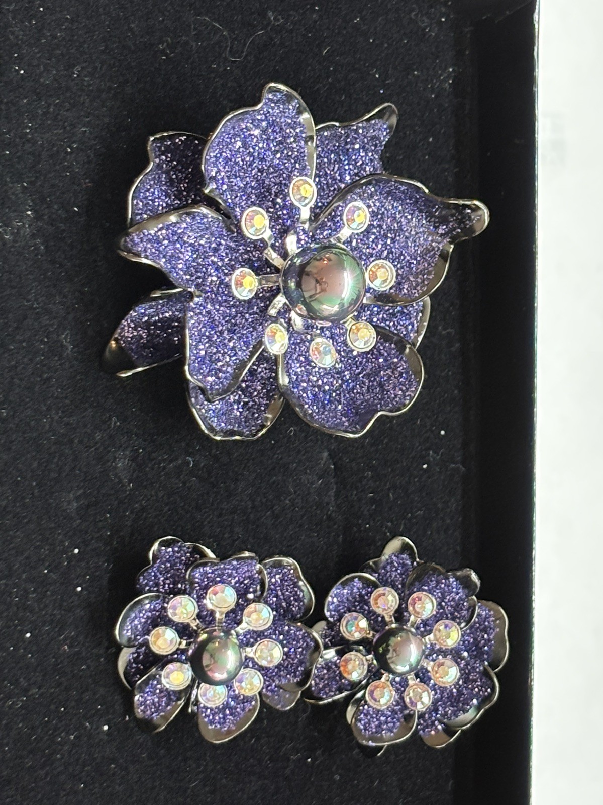 Vintage Joan Rivers Faux Tahitian Pearl Purple Fantasy Flower Brooch Pin Set
