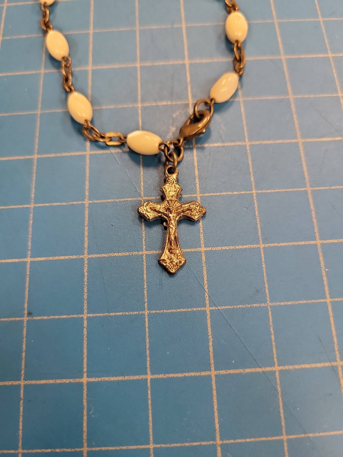 Vintage Jerusalem Rosary Bracelet Cross Crucifix White Oval Beads Religious Gift