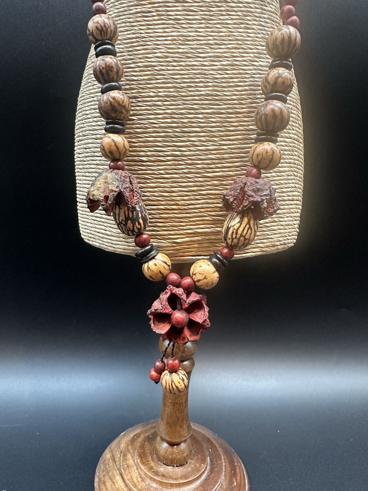 Boho Natural Seed Pod Necklace 16” Wood Beaded Red Brown Earthy Statement