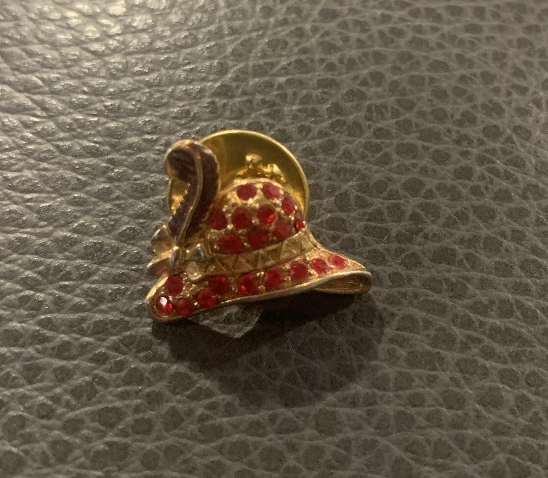 Red Hat Society Vintage Brooch Rhinestones Enamel 80s Gold Tone Feather Pin Back