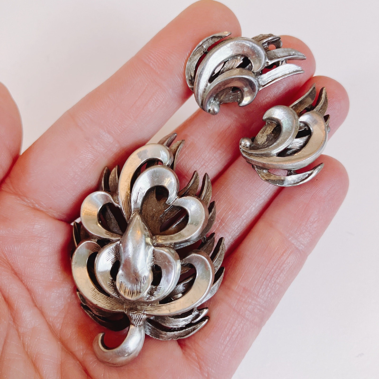 VTG Mid Century 44g Silver Brooch Earrings Set Layered Modernist 50s Jewelry
