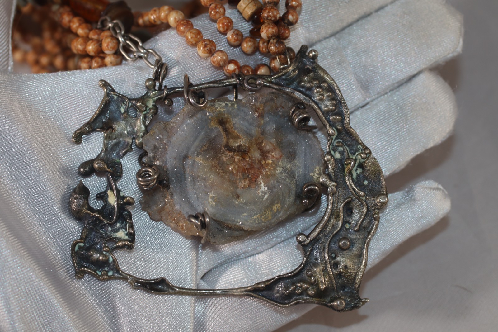 Fab! Cathleen McLain Brutalist Druzy Quartz Sterling Silver Pendant Necklace