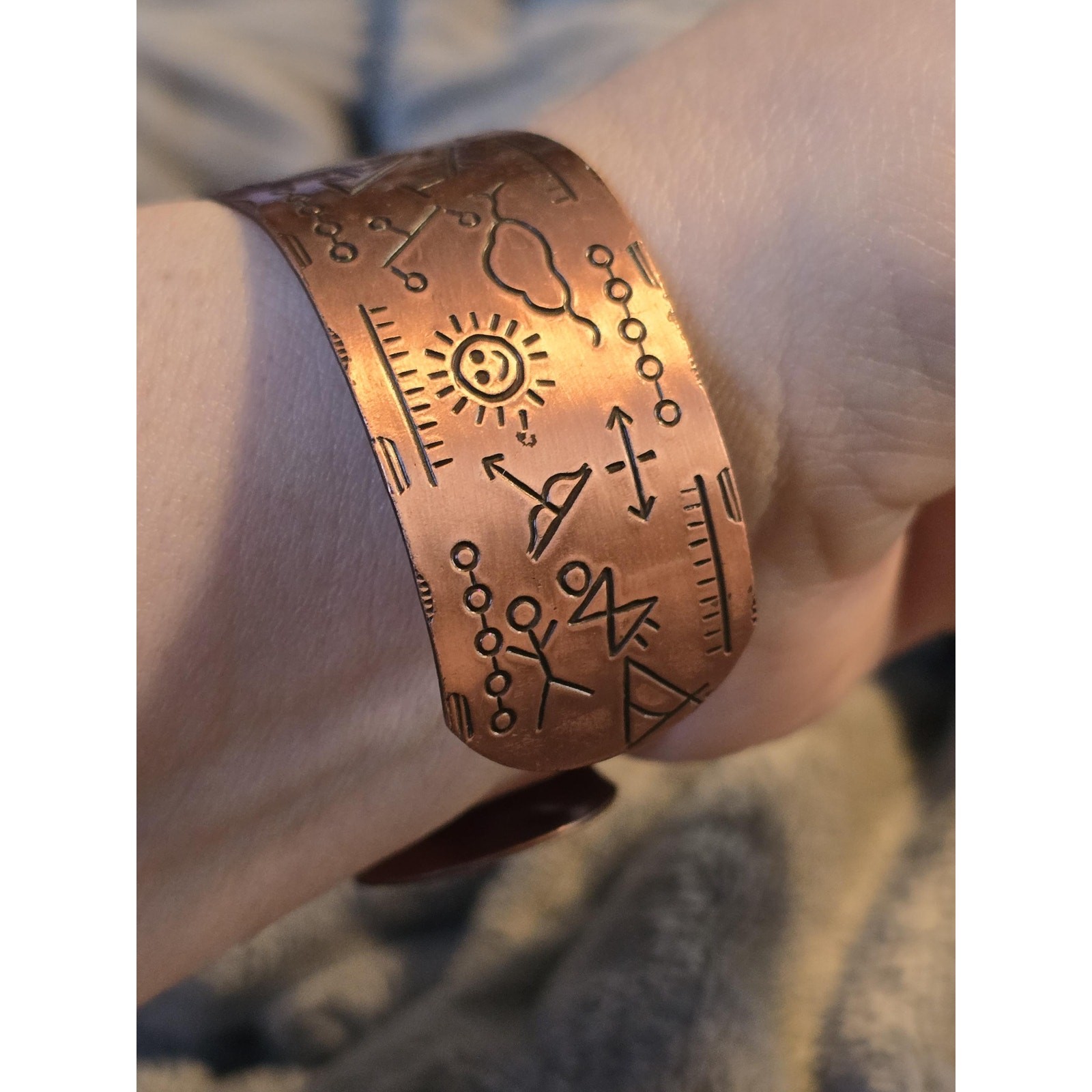 Vintage Solid Copper Cuff Bracelet | Hieroglyphic Etched Design | 7” Open Cuff
