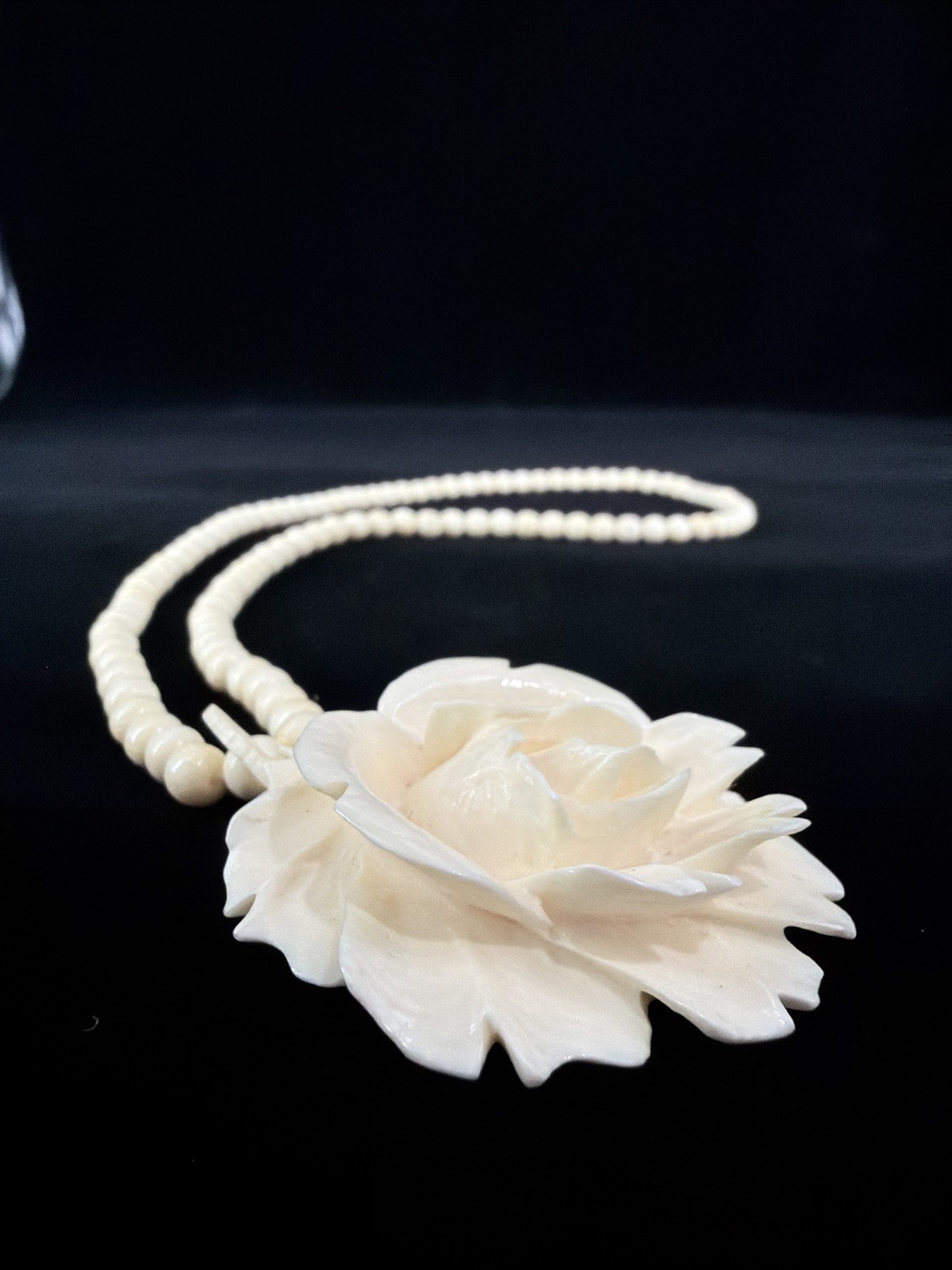 Vintage White Resin Rose Long Hand Beaded Statement Necklace 22”