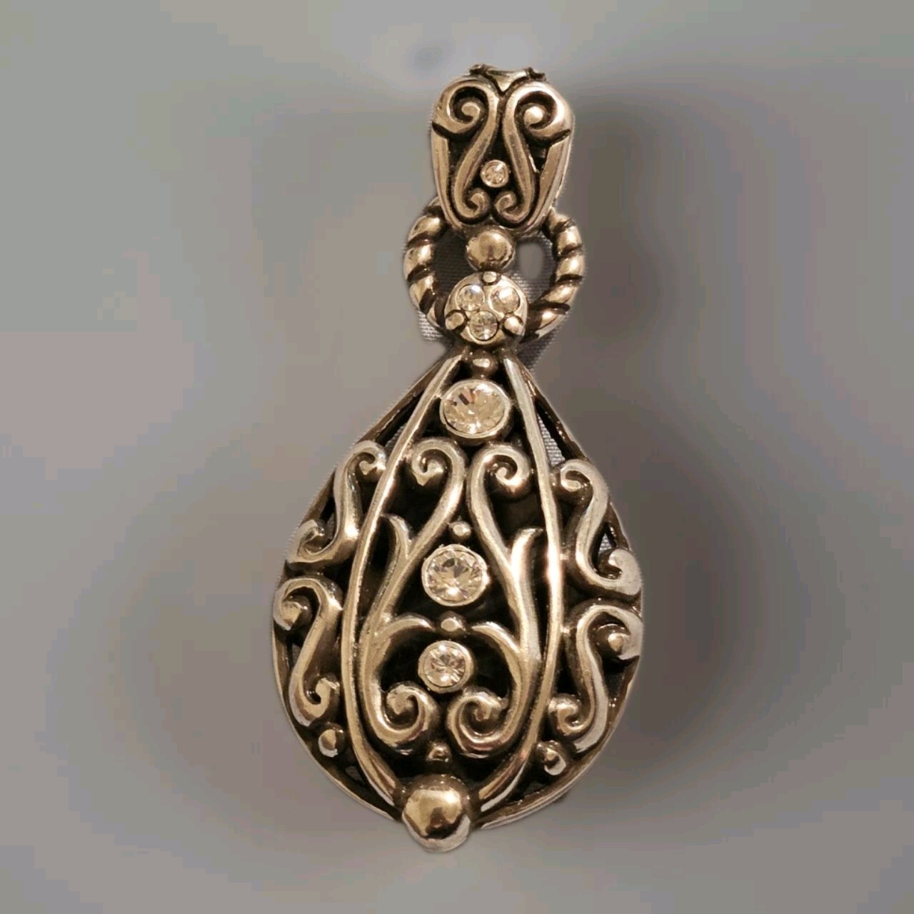 Antique Silver Pewter, Crystals – Filigree Teardrop Pendant Charm