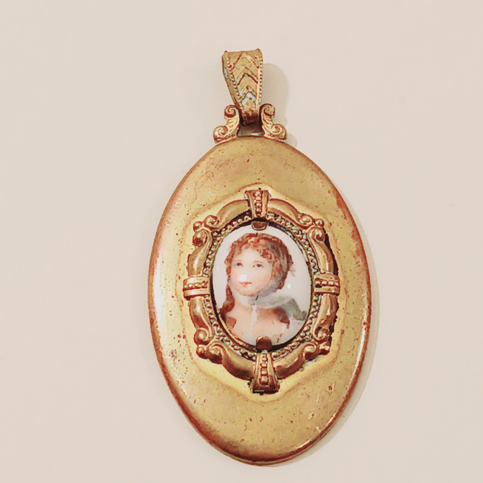 Antique Victorian Portrait Pendant Oval Gold Tone Jewelry Child Fine Art Estate
