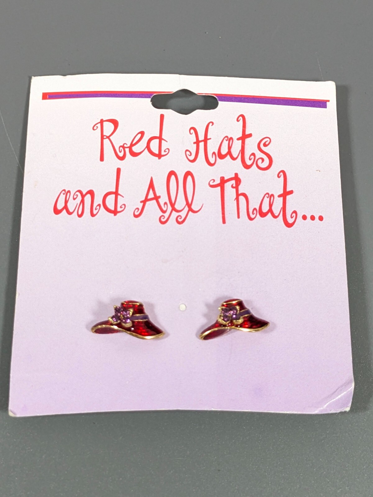 Vintage Ladies Red Hat Purple Rhinestone Enamel Pierced Stud Earrings