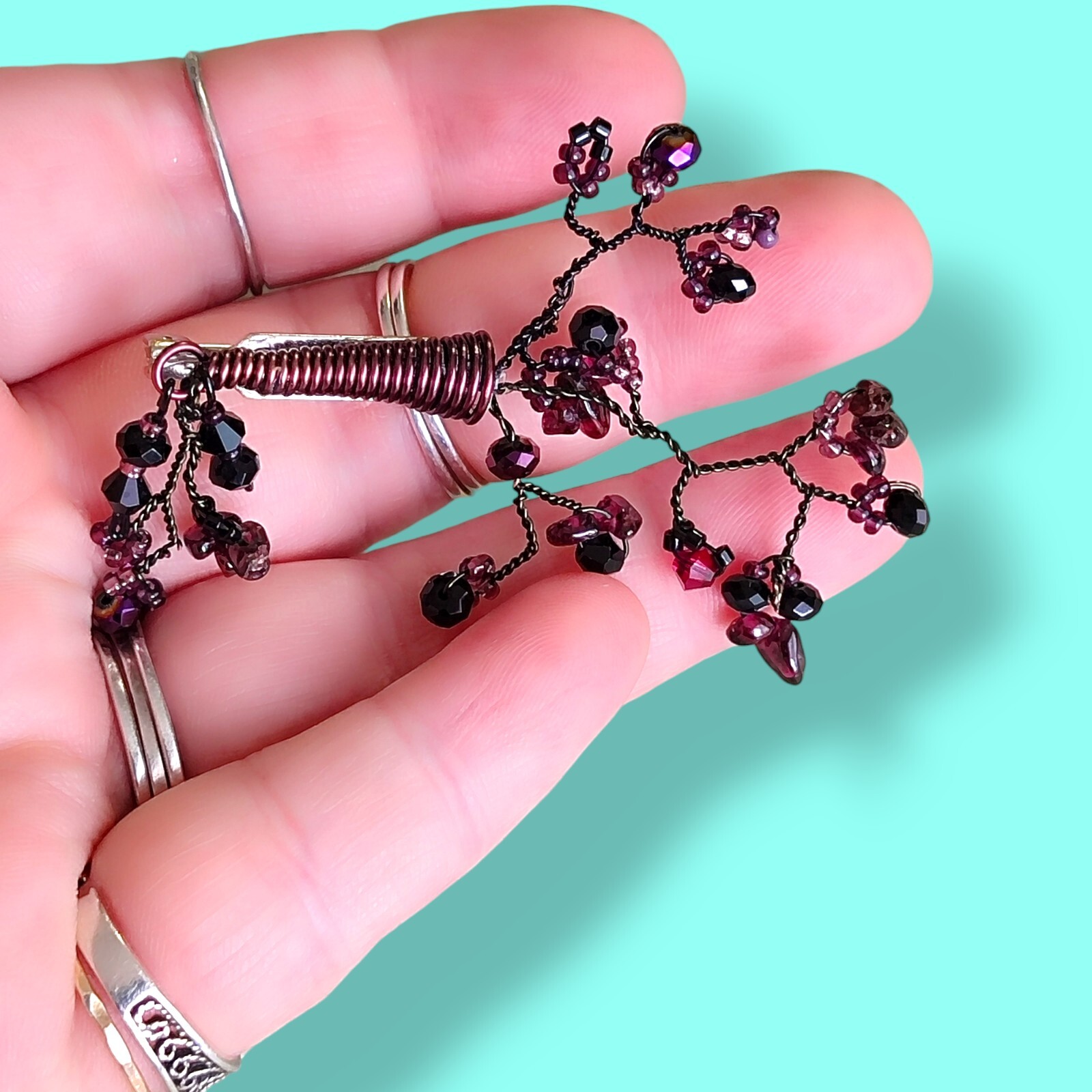 Artisan Wire Wrap Red Garnet And Glass Abstract Brooch Pin In Copper