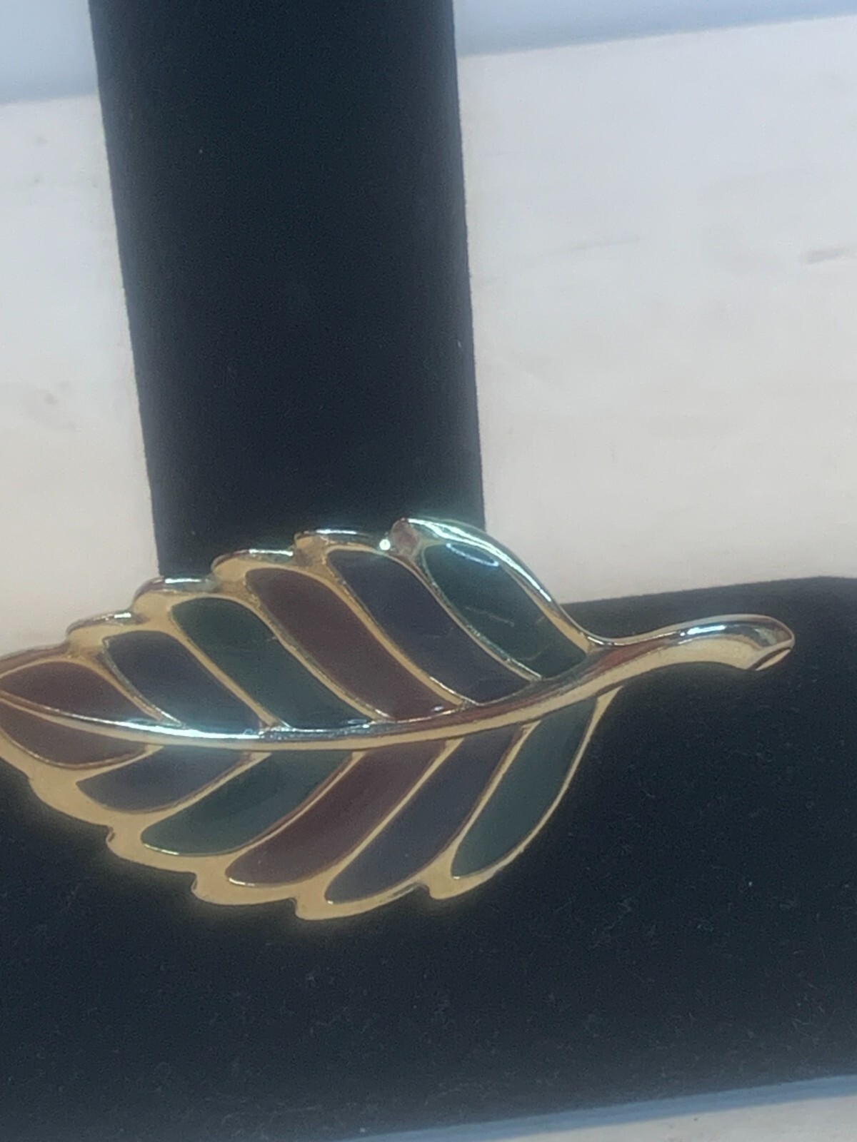 Gold Colored Metal, Red and Green Enameling, Leaf Pin/Brooch, Fall, Christmas