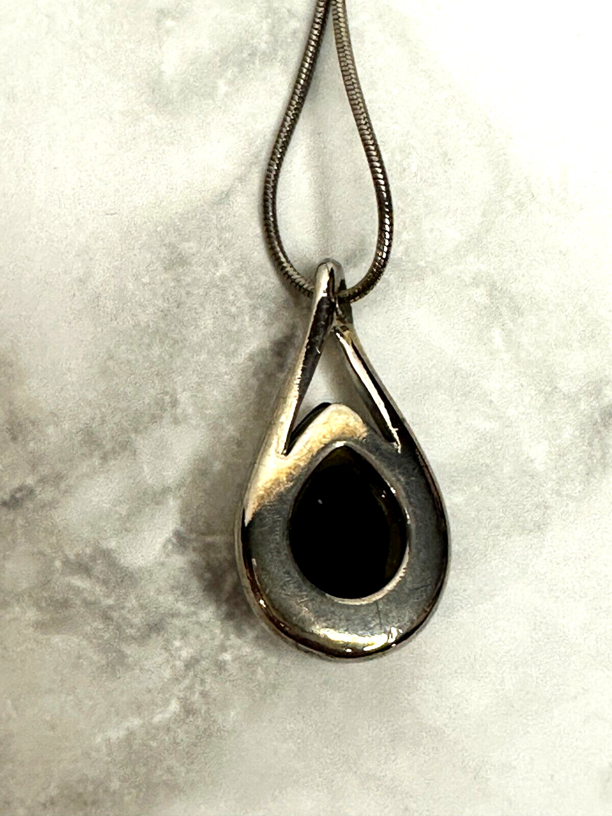 Silver Tone Necklace with Black Teardrop Cabochon Pendant – 16″