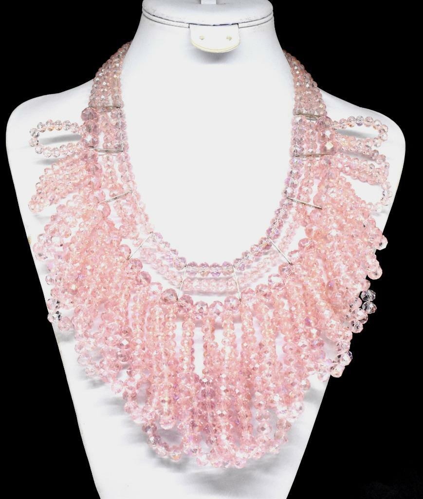 STUNNING Rose PINK Crystal Beaded Bib Draping Loop Necklace Adjustable Clasp