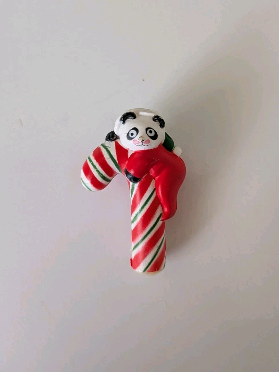 Vintage Fun World Panda On Candy Cane Pin Brooch Frosty Plastic Christmas 2”
