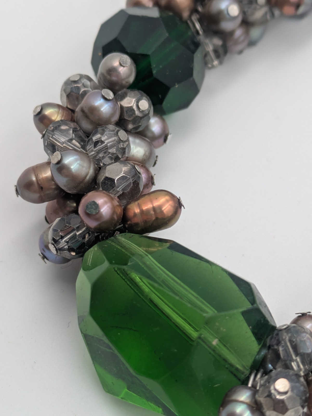 Vintage Genuine Pearl & Crystal Glass Cluster Green Acrylic Beaded Necklace 20″