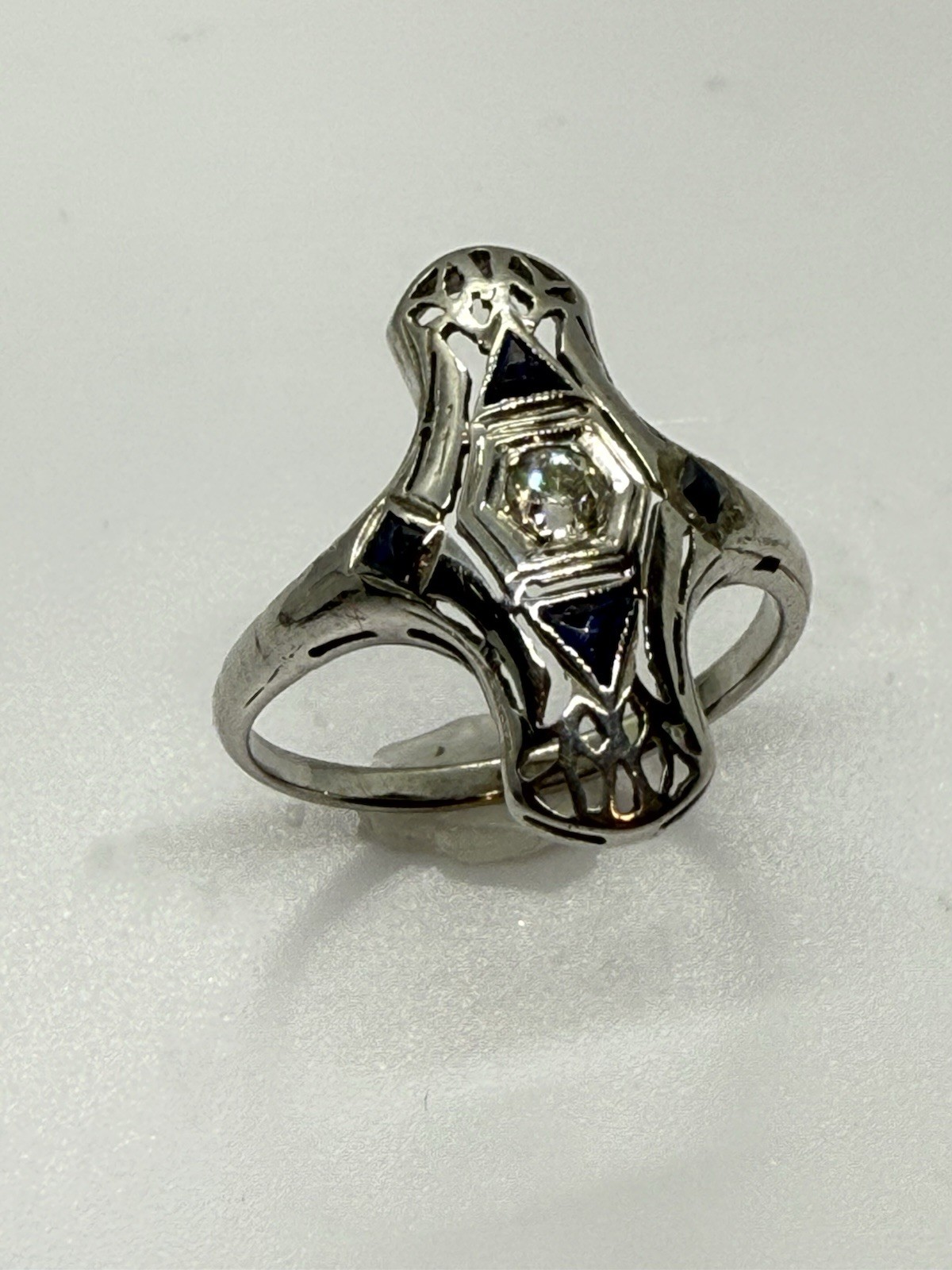 Art Deco Antique 18K White Gold Handmade Filigree Lozenge Diamond Ring 1920s 6.5