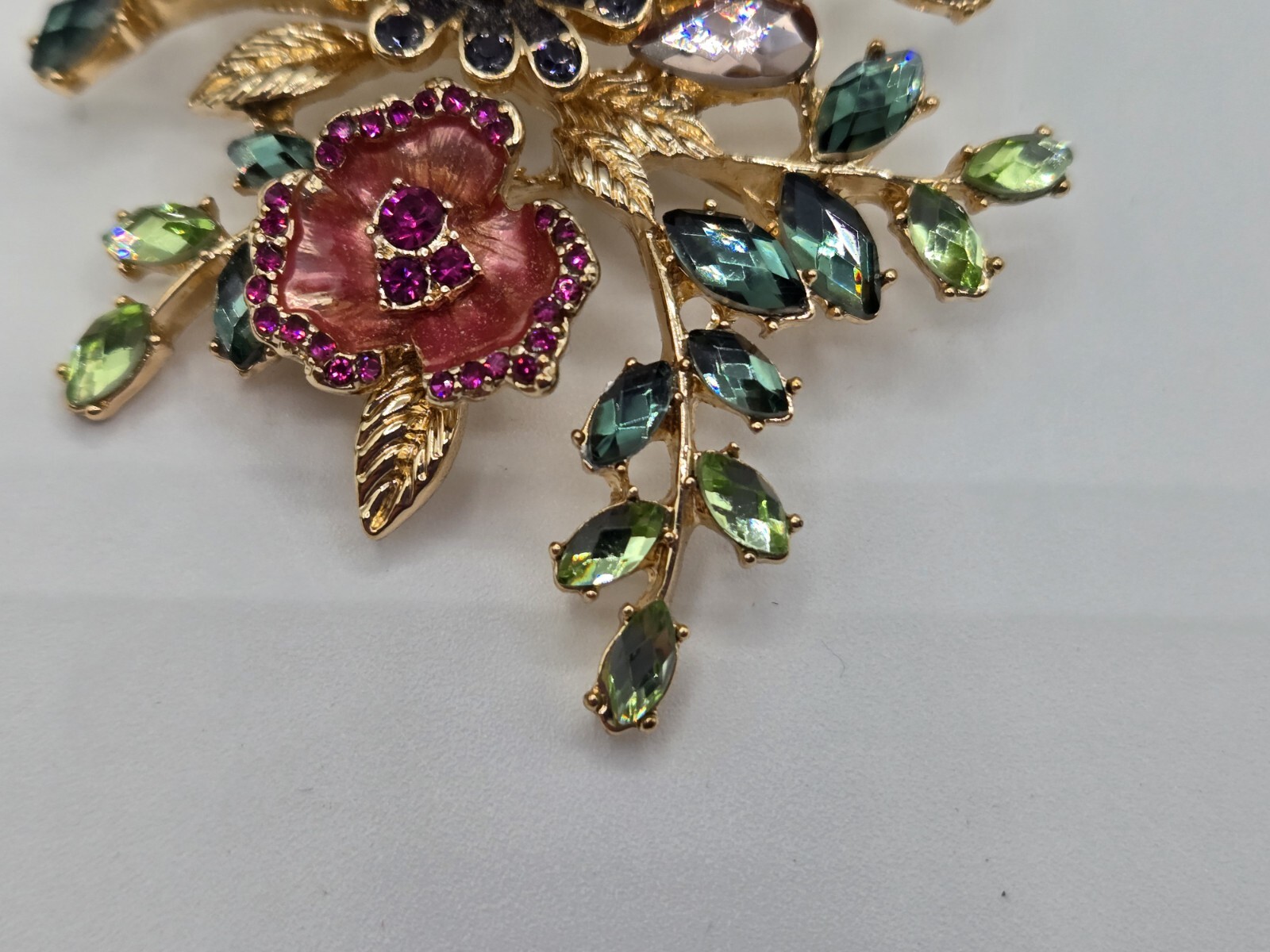 Napier Flower Brooch Gold Tone Enamel Green White Pink Purple Stones