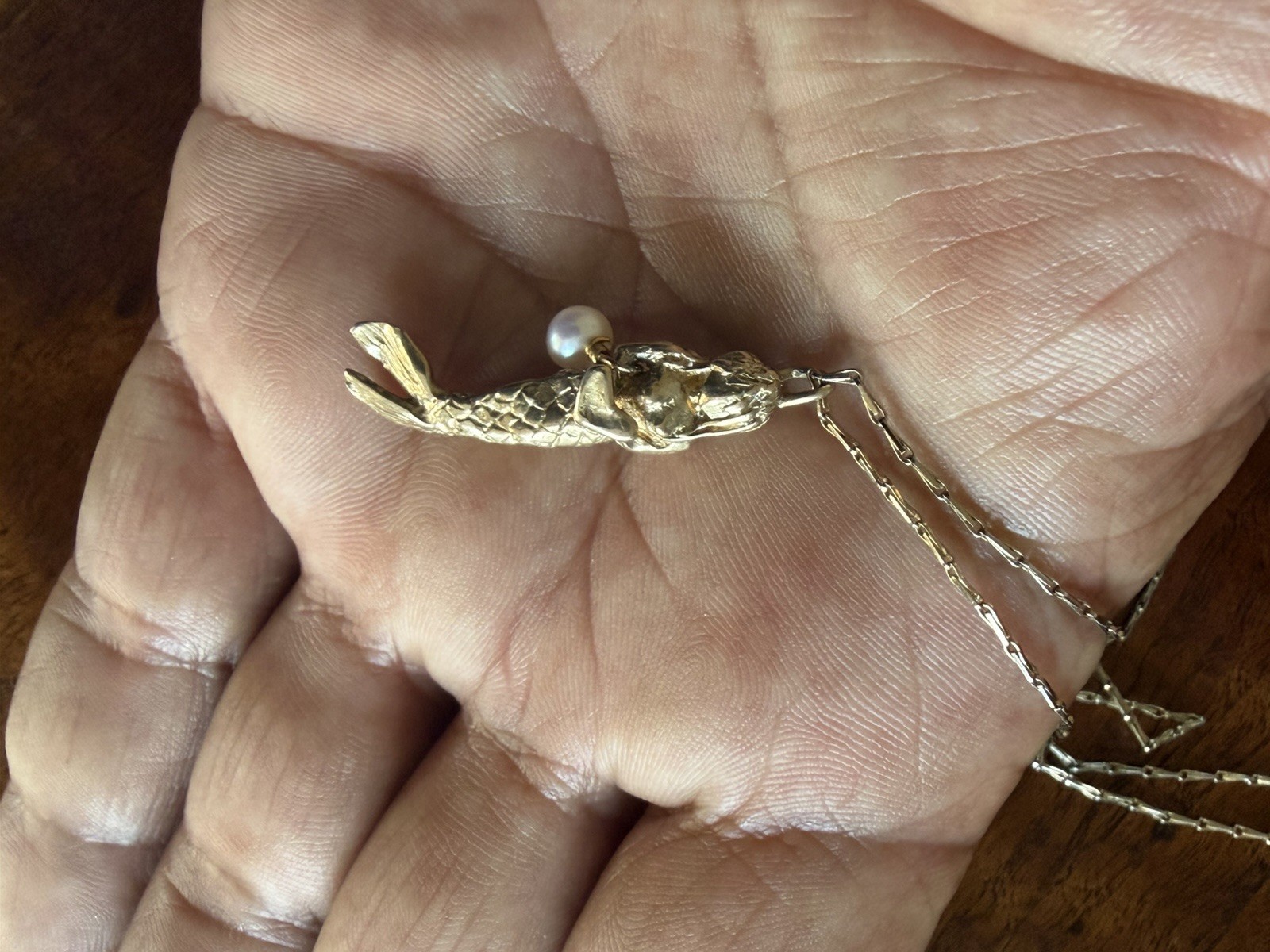 MERMAID with Pearl Gold Filled PENDANT on Gold Plate CHAIN Holding Heart