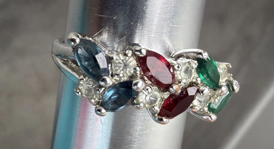 VTG Silver Ring with Marquise Cut Stones, Sapphire Ruby Emerald Color, Size 9.5