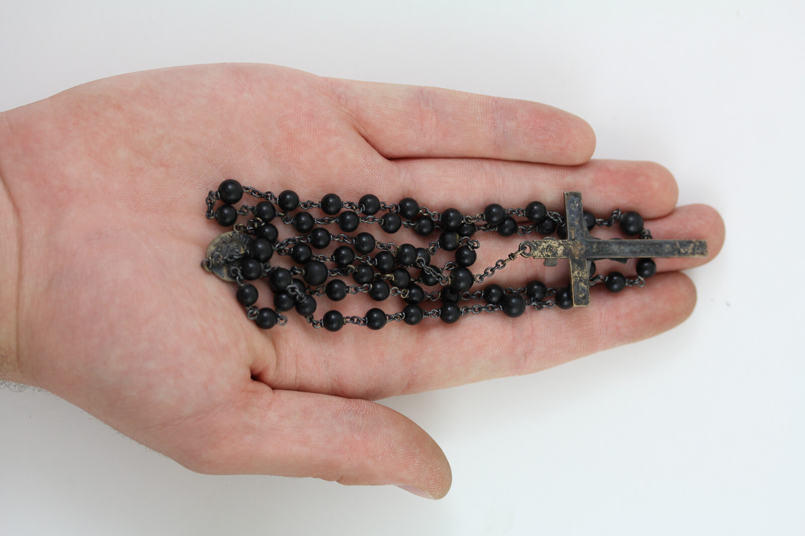 ANTIQUE ROSARY BLACK BEADS CROSS CRUCIFIX STERLING SILVER CHAIN 925 PRAYER