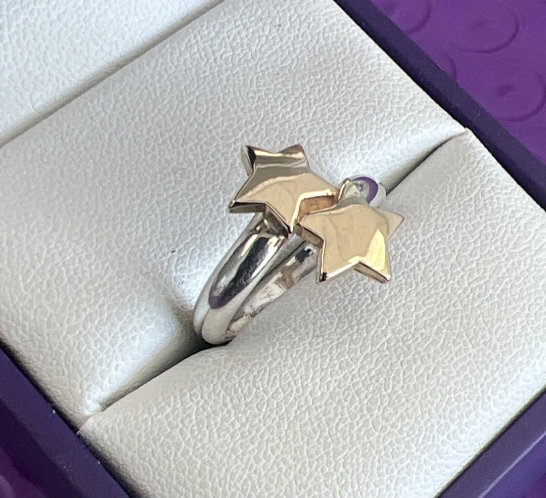 Sterling Silver & 14k Gold Woman Lady Fashion Ring W/ 2 Stars Sz 5″-3.31g-Tested