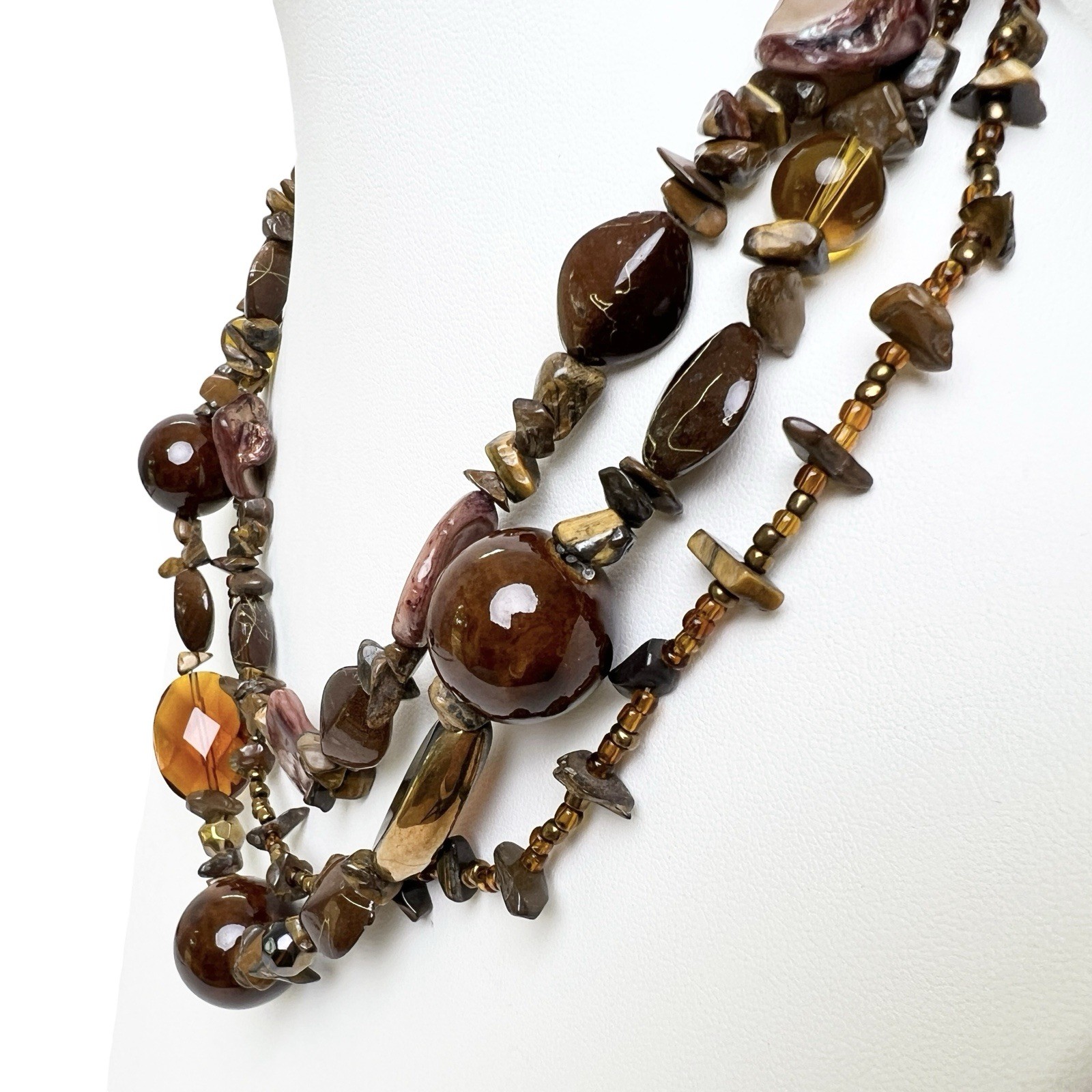 Multi Strand Beaded Necklace Earthy Natural Shell Glass Statement Boho Chic Vtg