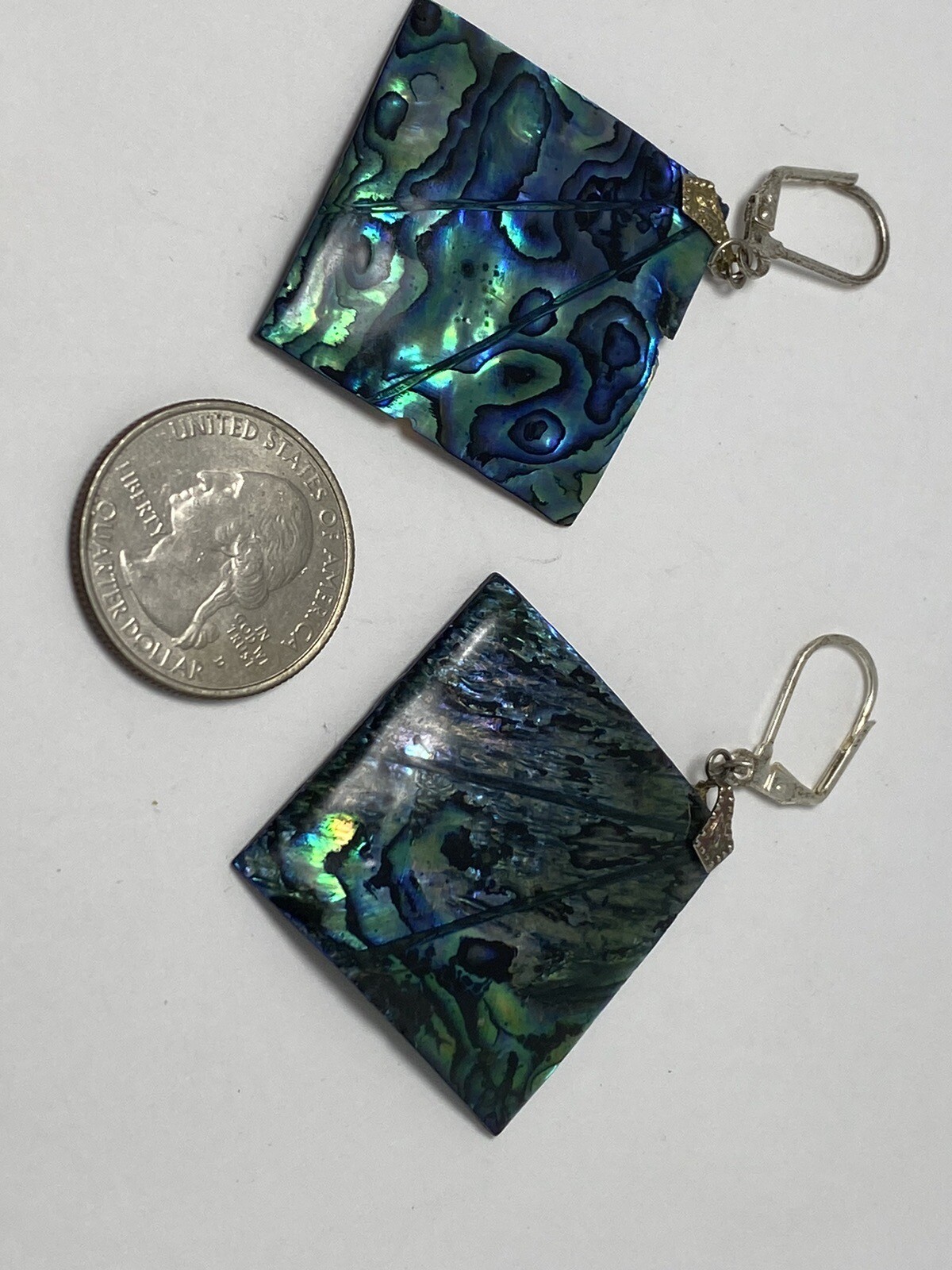 Vintage Large Iridescent Blue Green Abalone Shell Paua Square Dangle Earrings