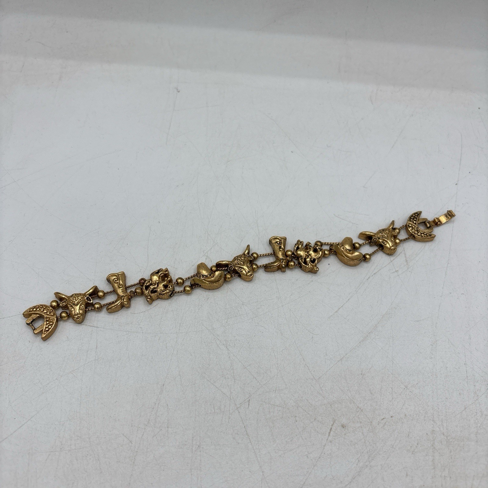 Vintage 90s Western Bracelet Gold Tone Saddle Cowboy Hat Steer Bull Fashion
