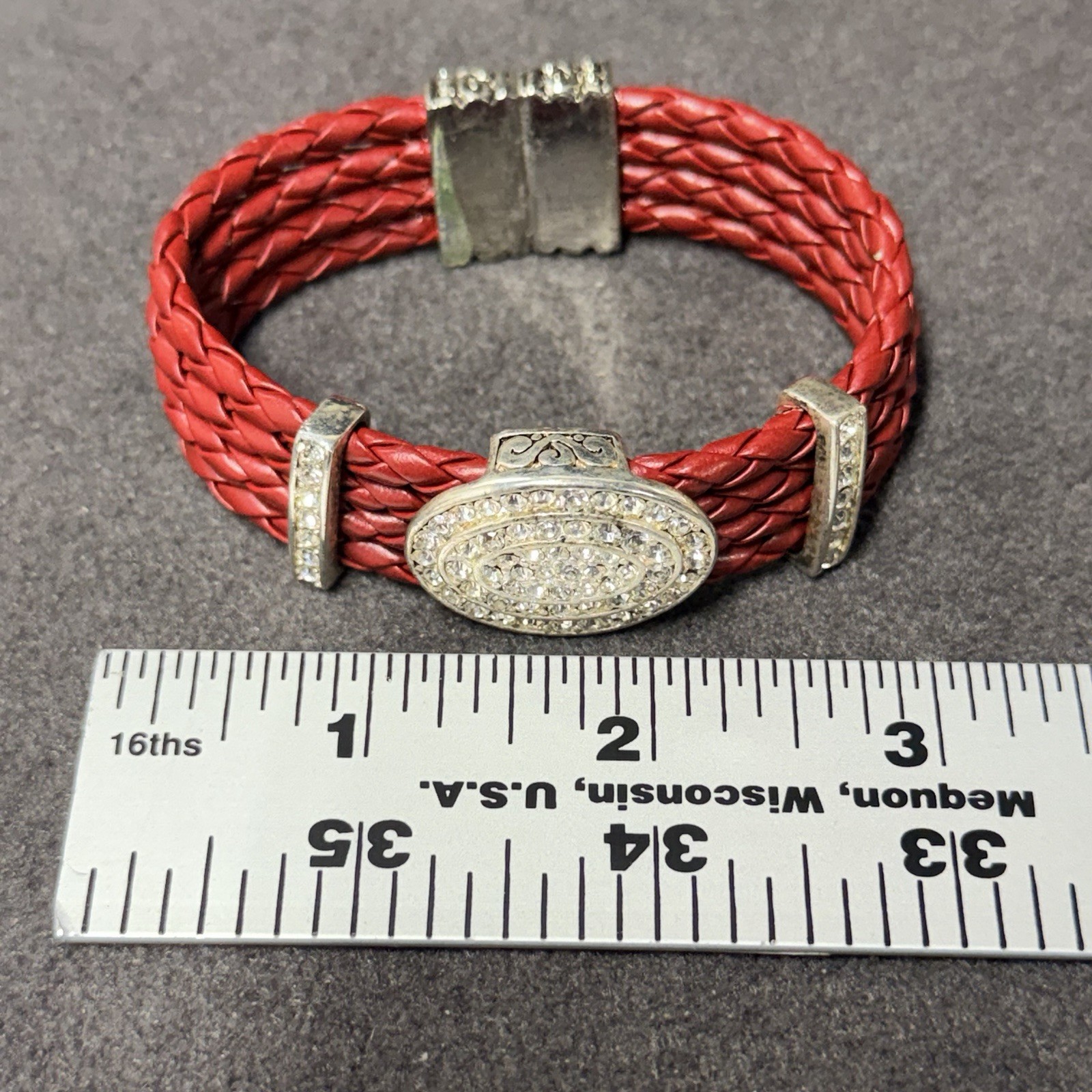 Vintage Red Braided Leather Bracelet Rhinestone Crystal Magnetic Clasp Boho