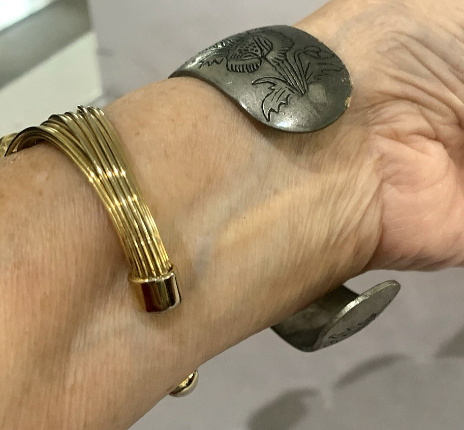Lot of 9 1980’s Costume Bangle Cuff & Hinged Bracelets India Leonard Pewter +